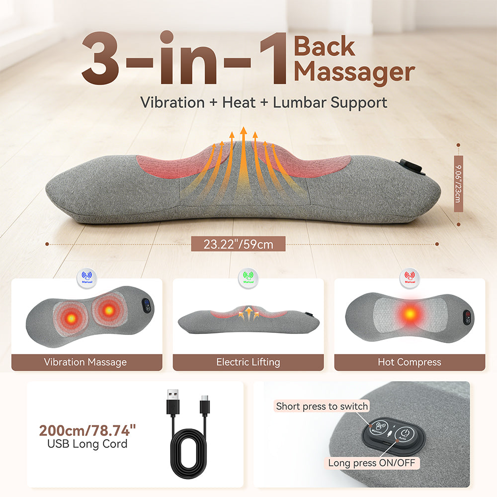 3-In-1 Lumbar Support System with Vibration, Heat & Air Cushion Lift - Ergonomic Lower Back Pillow for Office Chair And Car to Soothe Stiffness And Muscle